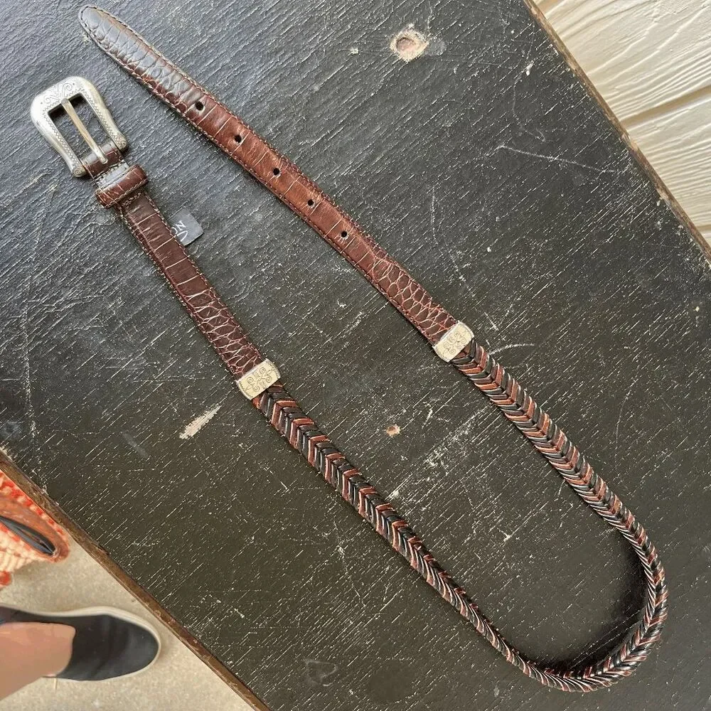 Brighton Brown Braided Leather Belt Silver Buckle & Accents L/34